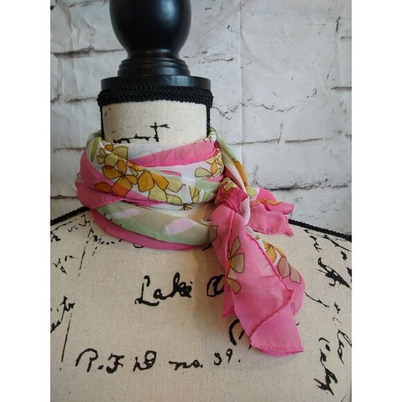 Floral  Long Rectangular Lightweight Scarf Spring Easter Pink Orange  Semi Sheer - Picture 4 of 4